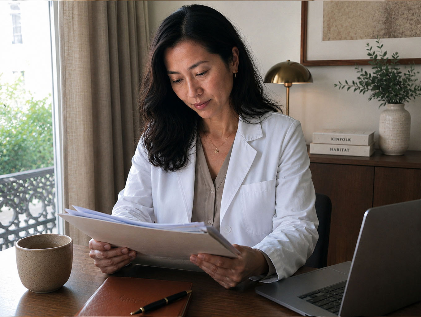 A woman reviewing paperwork at a desk in warm natural light.