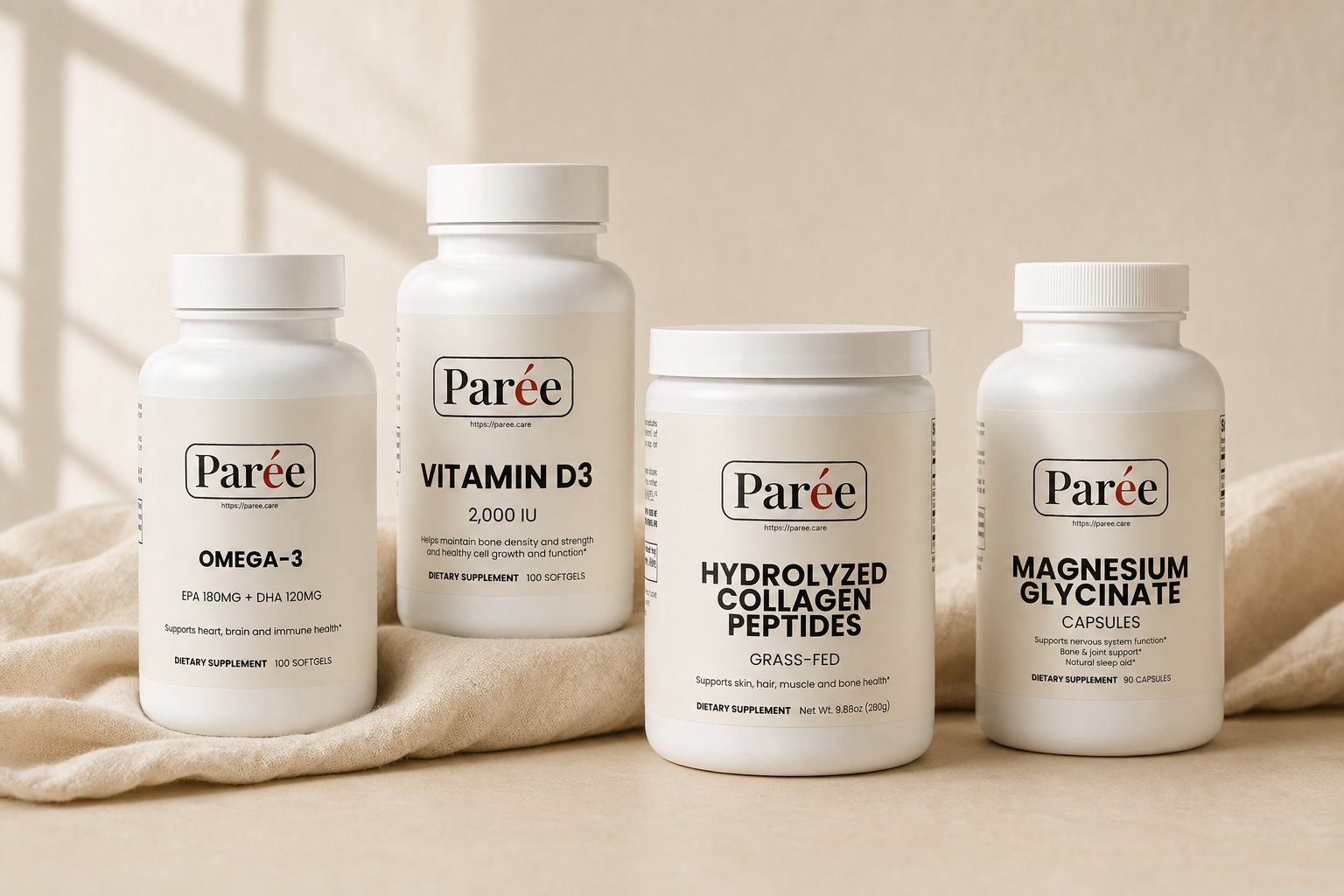 Parée over-the-counter formulas — Omega-3, Vitamin D3, Hydrolyzed Collagen Peptides, and Magnesium Glycinate